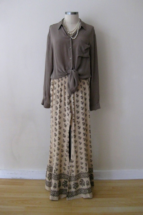 Free People Silk Patterned Wide Leg Pants & Taupe Button-down Blouse